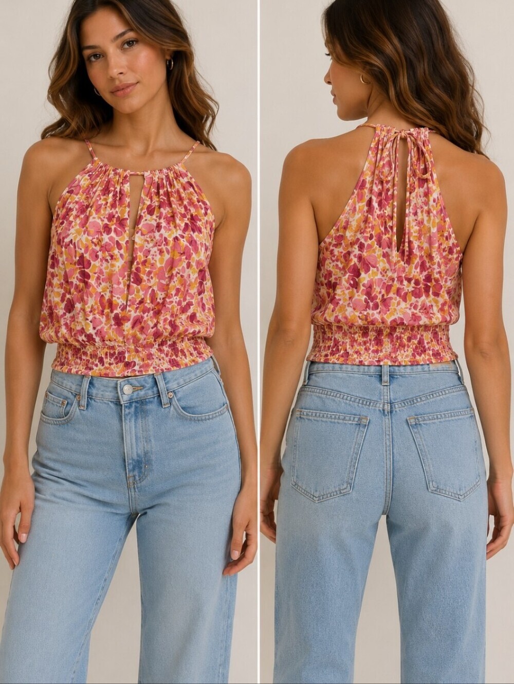 Japna Pink Floral Halter Top Smocked Waist Fits Medium Boho Y2K
